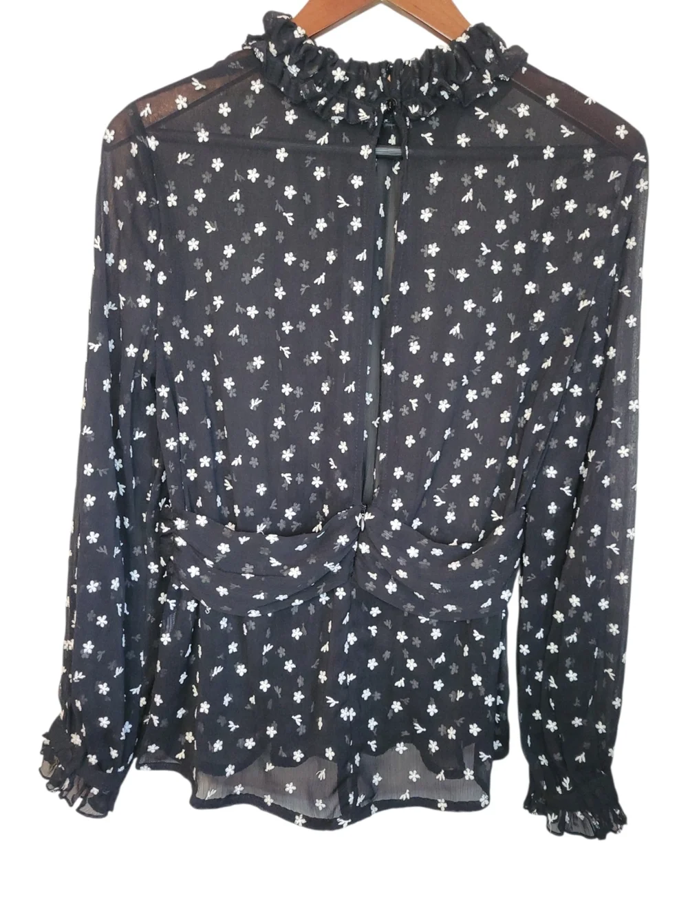 Zara Sheer Embroidered Blouse Small Black Floral Mesh Ruffle Neck Peplum Top - Picture 7 of 10